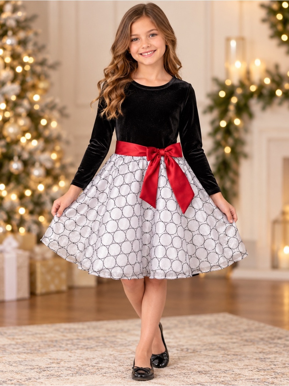 Bonnie Jean Girls 10 Black Velvet Holiday Party Dress Red Satin Bow Festive New